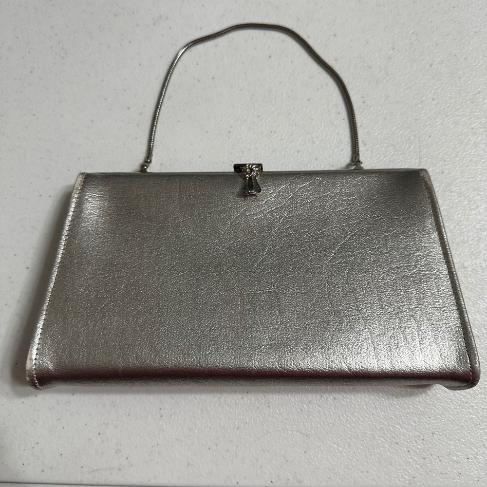Vintage Silver Metallic Kiss Lock Clutch Evening‎ Bag Handbag Hidden Chain Strap